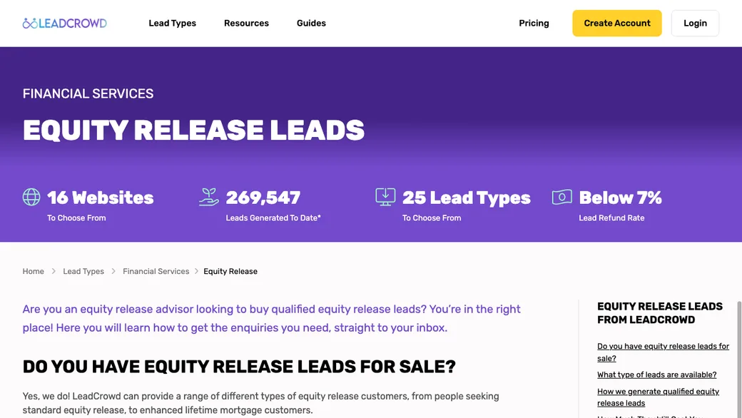 LeadCrowd equity release leads page