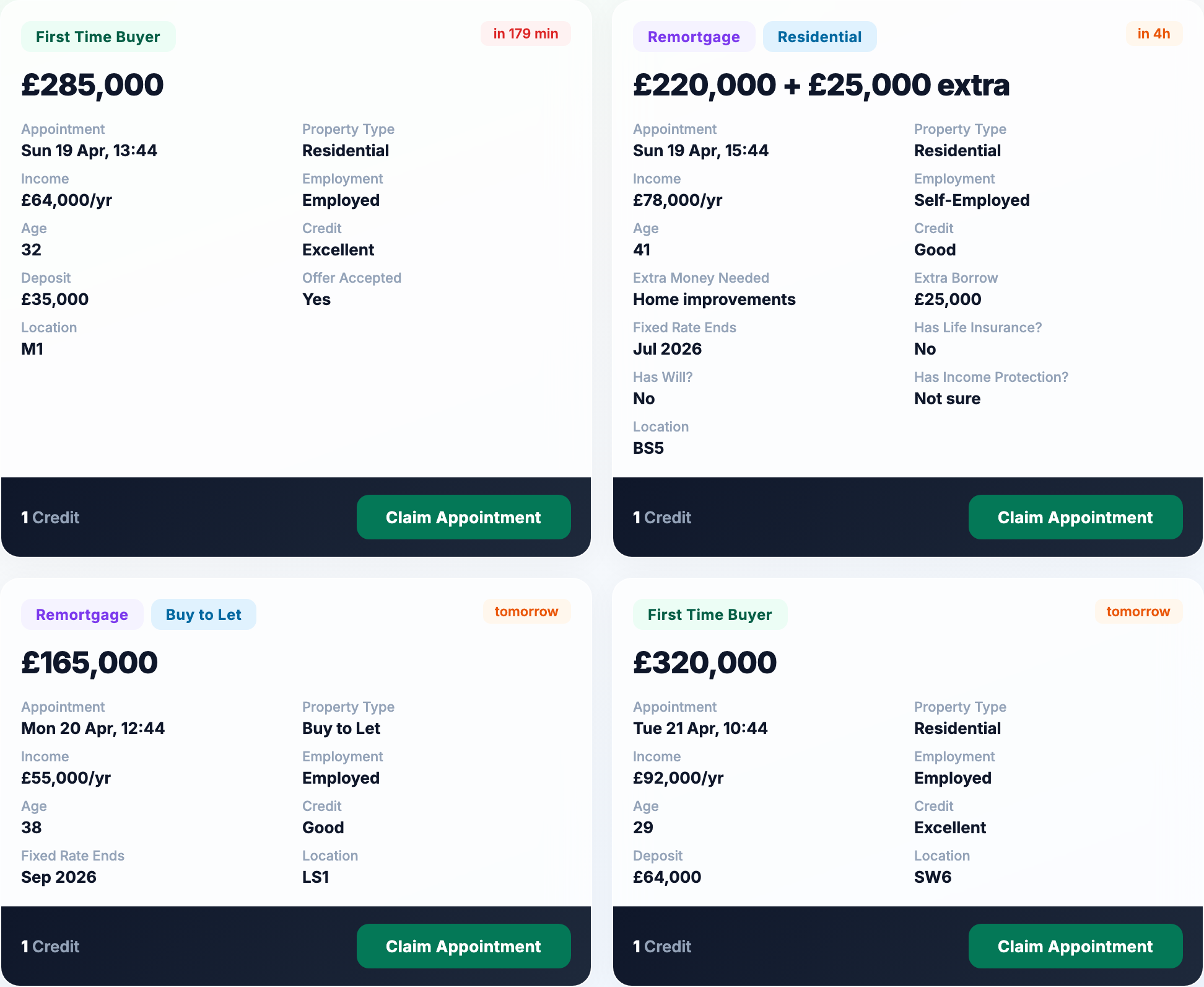 MortgagesBooked broker portal marketplace showing four pending appointments — first-time buyer, remortgage, buy-to-let — each with funding amount, income, age, and a Claim Appointment button.